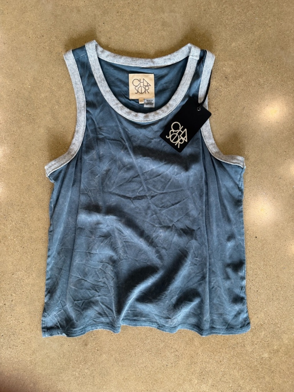 Chaser Denim Mineral Wash Racer Tank in Blue with Heather Gray Trim